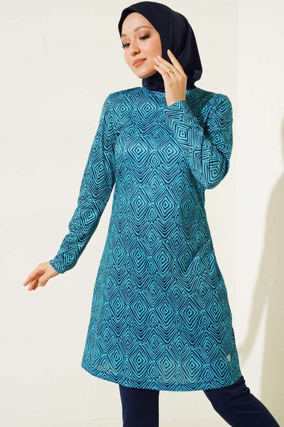 Burkini med mønstret overdel Mørkeblå - Shams.no