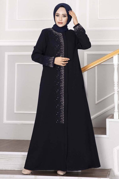 Mørkeblå abaya med steindetaljer - Shams.no