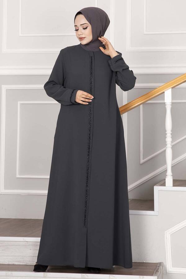 Abaya med småstein-detaljer i linje – Grå