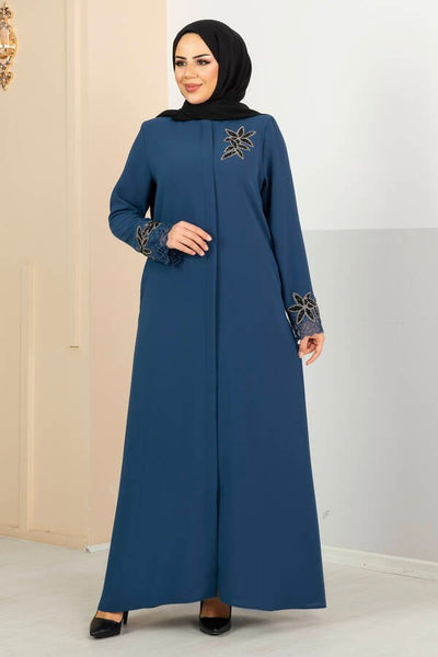 Abaya med blonder og blomsterdetaljer indigo - Shams.no