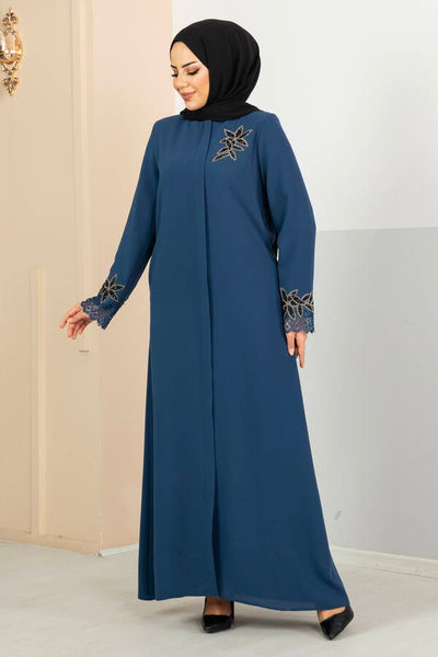 Abaya med blonder og blomsterdetaljer indigo - Shams.no