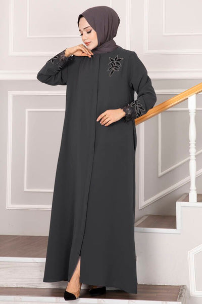 abaya med blonder og blomsterdetaljer mørkegrønn - Shams.no