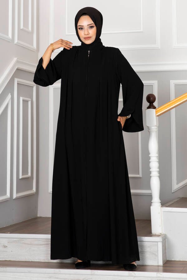 Abaya med plise - detaljer svart - Shams.no