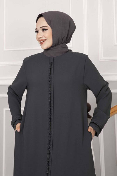 Abaya med småstein - detaljer i linje – Grå - Shams.no