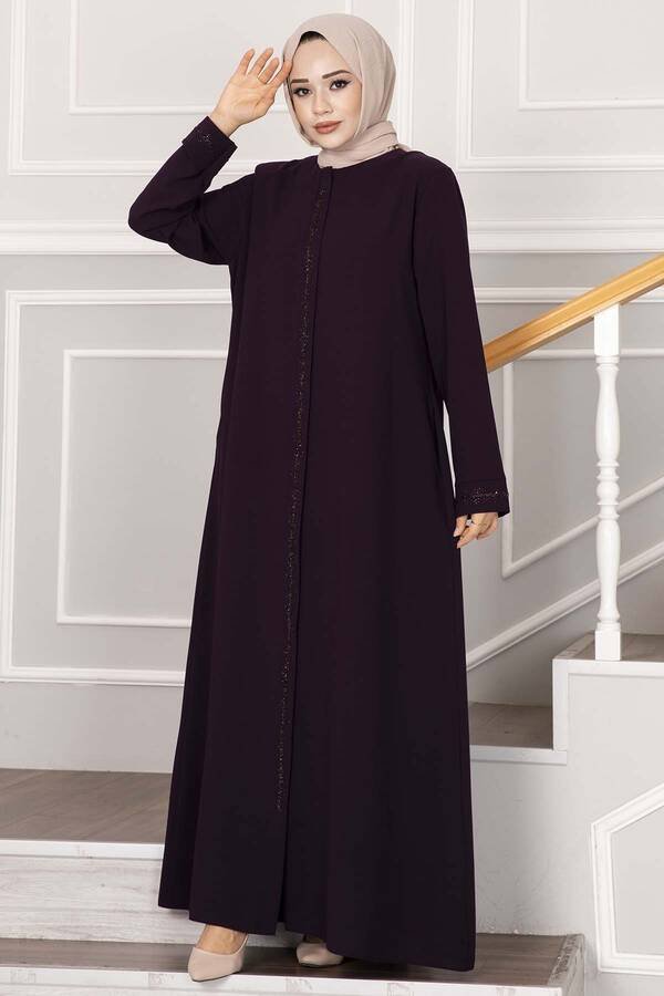 Abaya med småstein - detaljer i linje - Lilla - Shams.no