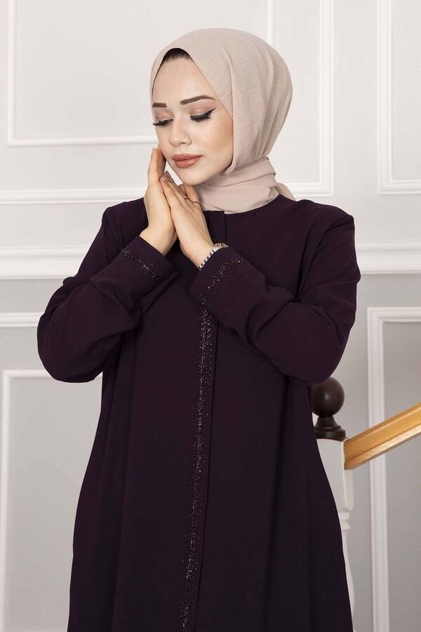 Abaya med småstein - detaljer i linje - Lilla - Shams.no