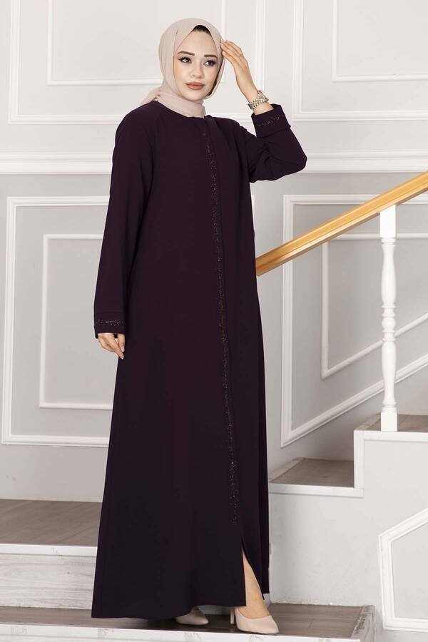 Abaya med småstein - detaljer i linje - Lilla - Shams.no