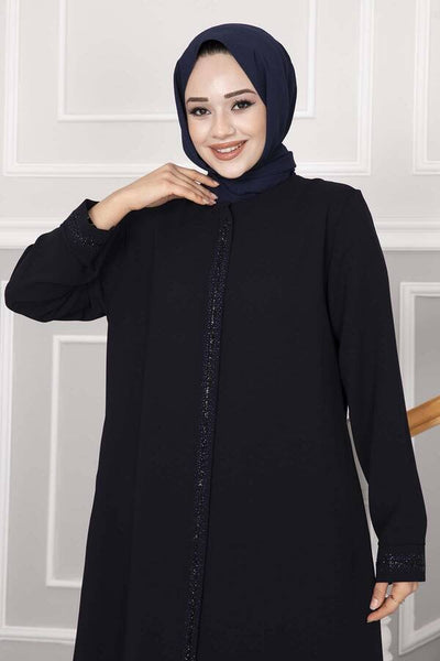 Abaya med småstein - detaljer i linje – Mørkeblå - Shams.no