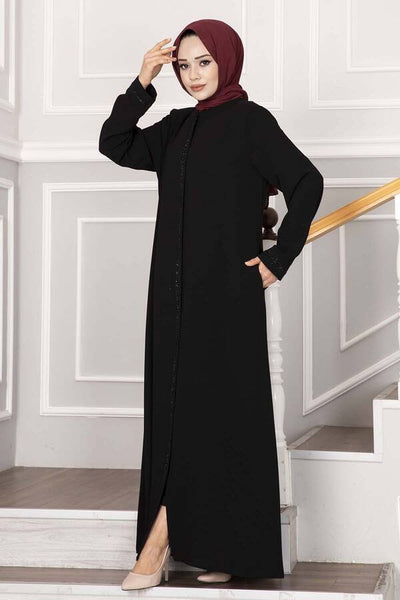 Abaya med småstein - detaljer i linje – Svart - Shams.no