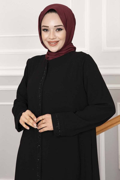 Abaya med småstein - detaljer i linje – Svart - Shams.no