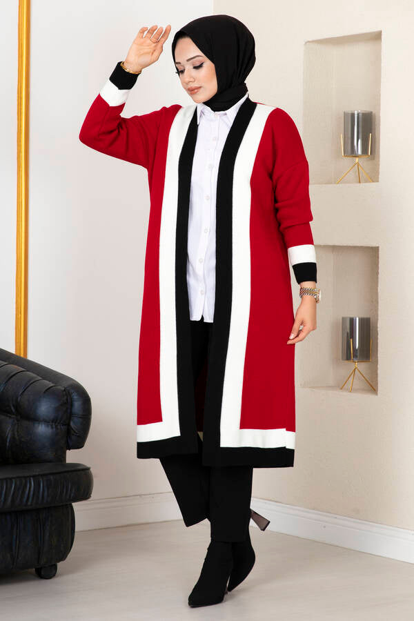 Lang strikket cardigan med striper – Rød