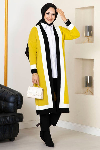 Lang strikket cardigan med striper – Gul - Shams.no