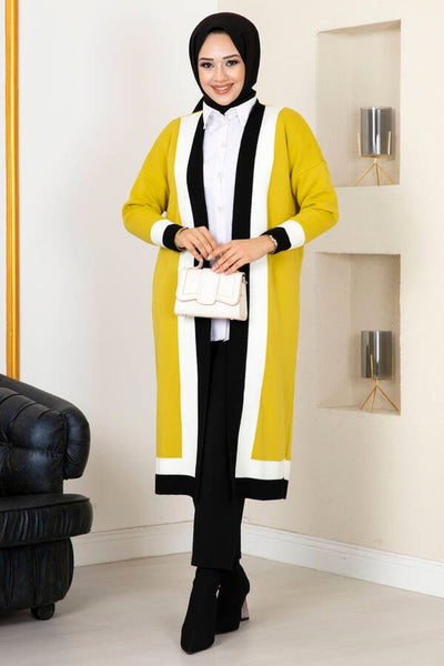 Lang strikket cardigan med striper – Gul - Shams.no
