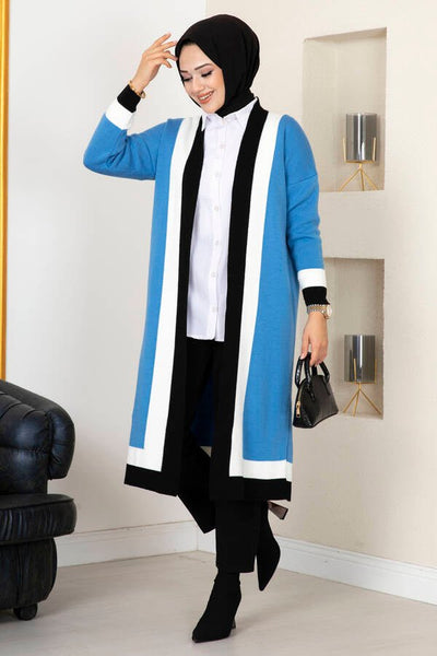 Lang strikket cardigan med striper – Lyseblå - Shams.no
