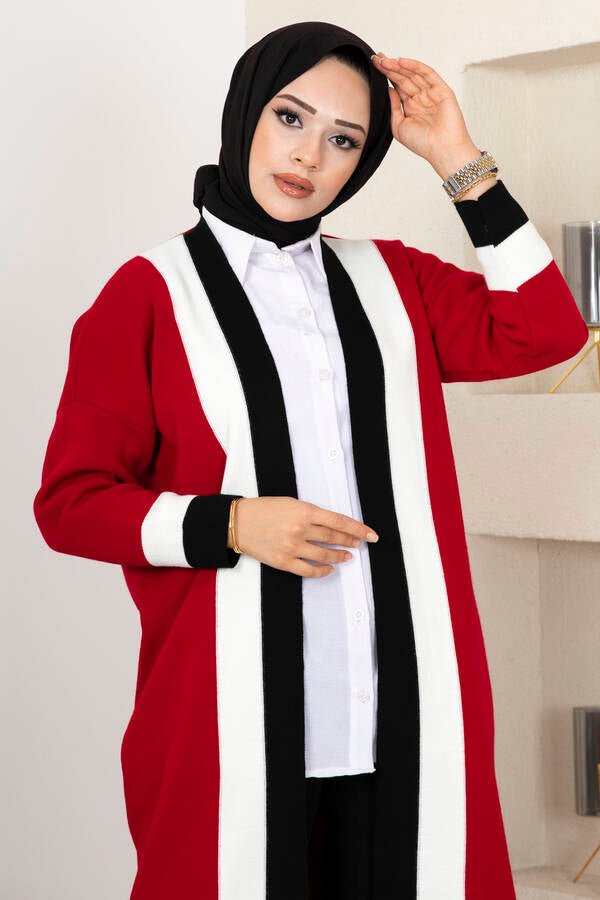 Lang strikket cardigan med striper – Rød - Shams.no