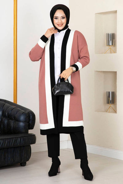 Lang strikket cardigan med striper – rosa - Shams.no