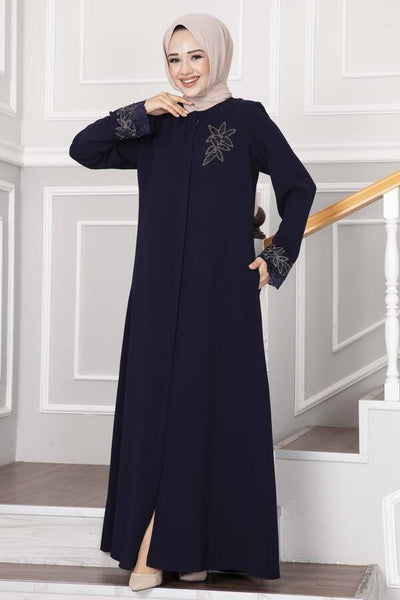 Mørkeblå abaya med blonder og blomsterdetaljer - Shams.no