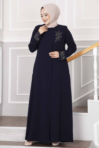 Mørkeblå abaya med blonder og blomsterdetaljer - Shams.no