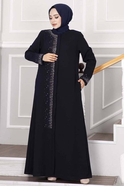 Mørkeblå abaya med steindetaljer - Shams.no