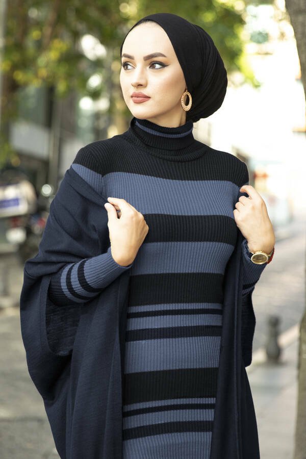 To - delt sett med striper. Kjole og cardigan (indigo) - Shams.no